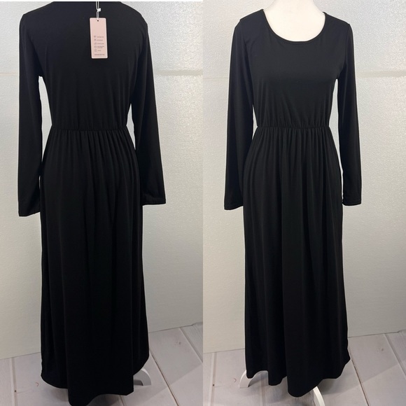 NWT Women's Long  Sleeve Loose Plain Long Casual Empire Waist Maxi Dress SIZE S - Picture 14 of 17